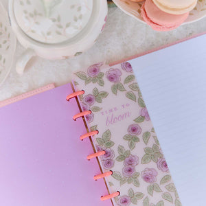 Seasonal Sidewalks spring bookmark with pink roses and Time to Bloom lettering in a Classic disc-bound planner