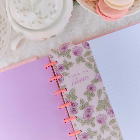 Seasonal Sidewalks spring bookmark with pink roses and Time to Bloom lettering in a Classic disc-bound planner