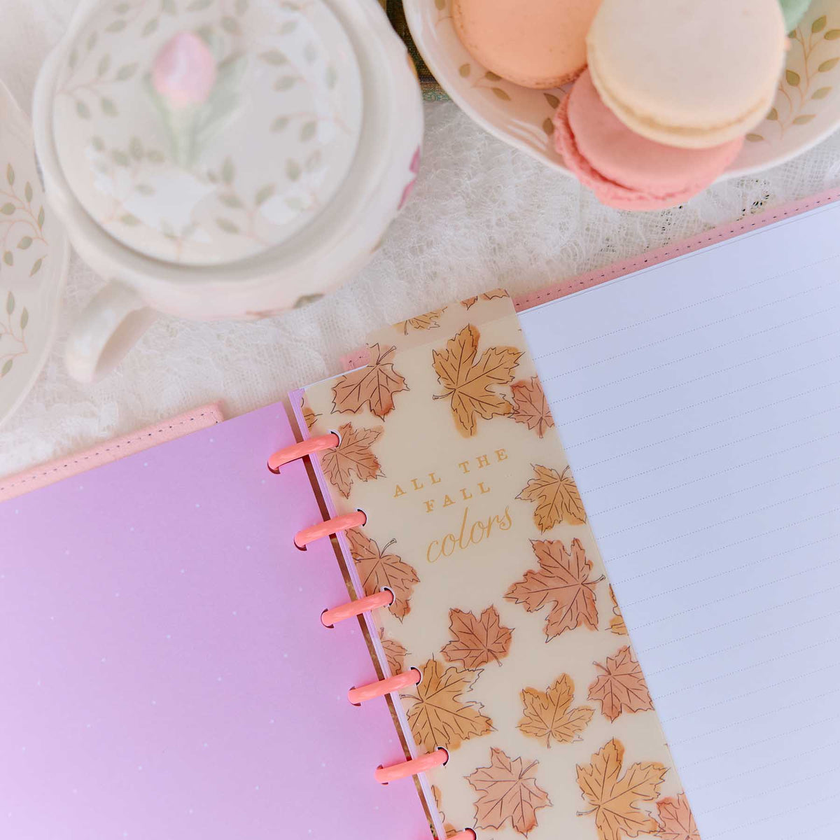 Seasonal Sidewalks autumn bookmark with orange leaves in a pink disc-bound planner