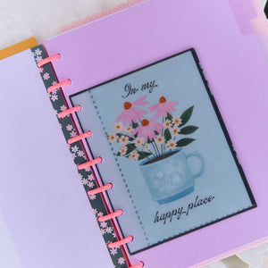 Petal Press floral Happy Place page with pink flowers in a blue vase