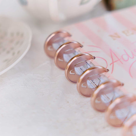 Happy Planner Latte metal discs attached to a pastel planner page