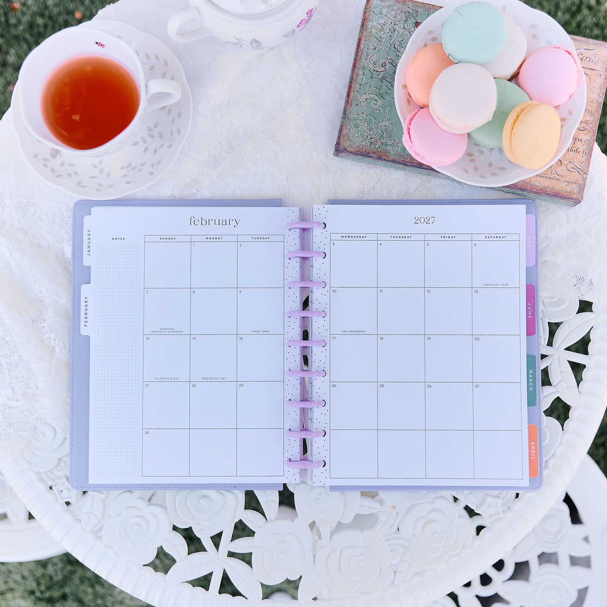 Happy Planner Hive & Bloom Classic Dashboard Planner 2027 - February monthly spread with pastel discs and floral accents