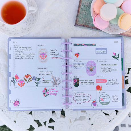 Happy Planner Hive & Bloom Classic Dashboard Planner 2027 - floral dashboard pages with decorative stickers