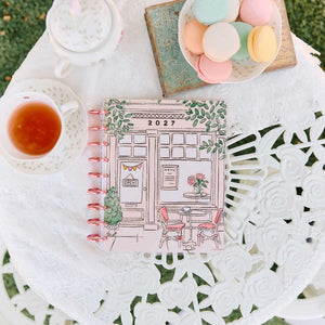 Happy Planner Deluxe Seasonal Sidewalks café storefront illustration on lace fabric