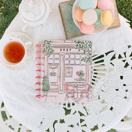 Happy Planner Deluxe Seasonal Sidewalks café storefront illustration on lace fabric