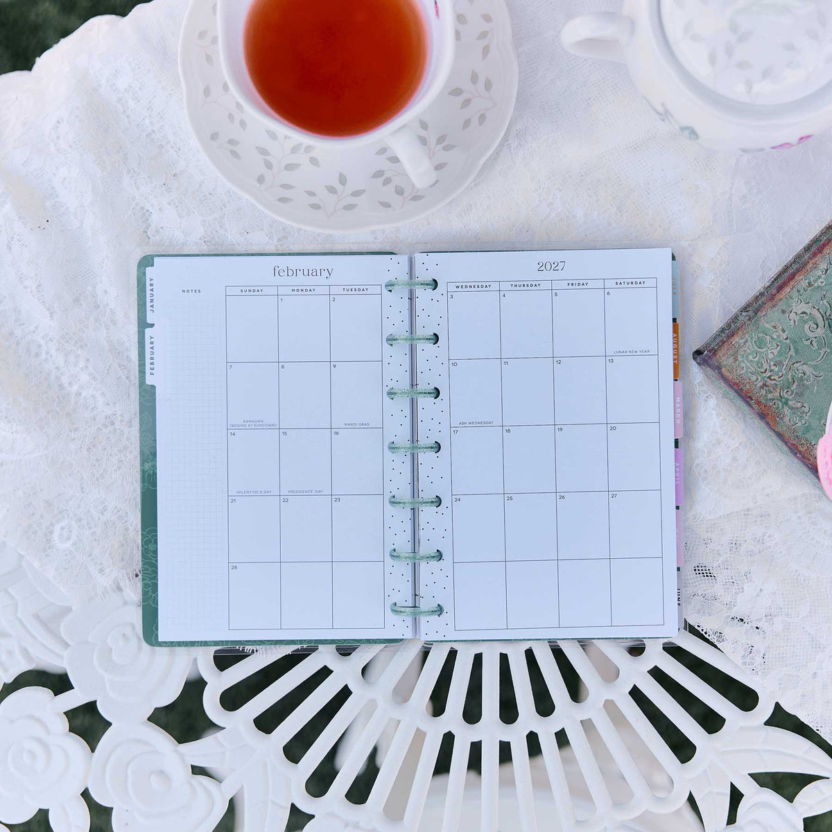 Petal Press Mini February monthly spread on a lace-covered table