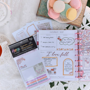Seasonal Sidewalks Big sticker sheets beside an open planner with autumn layouts and handwritten plans
