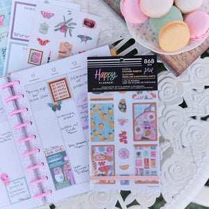 Happy Planner Life In Whimsy sticker book on a weekly spread with pink boxes and illustrated tea party details