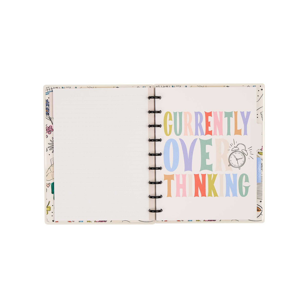 Open Pajama Plans notebook with dotted-lined pages and Currently Overthinking artwork