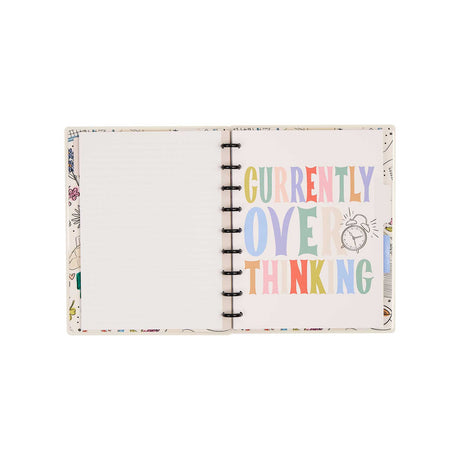 Open Pajama Plans notebook with dotted-lined pages and Currently Overthinking artwork