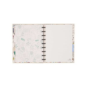 Open Pajama Plans notebook with an illustrated page beside a lined writing page