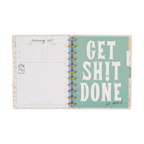 Pajama Plans Big planner open to a February 2027 spread and teal dashboard page