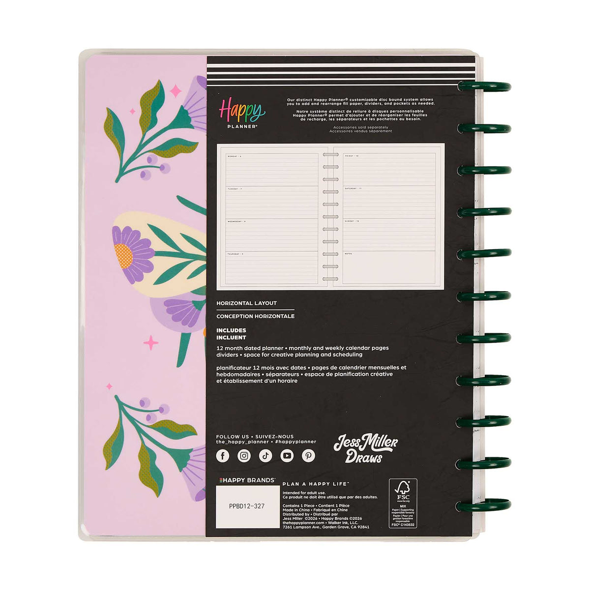 Hive and Bloom Big planner pink floral cover, green discs and horizontal pages