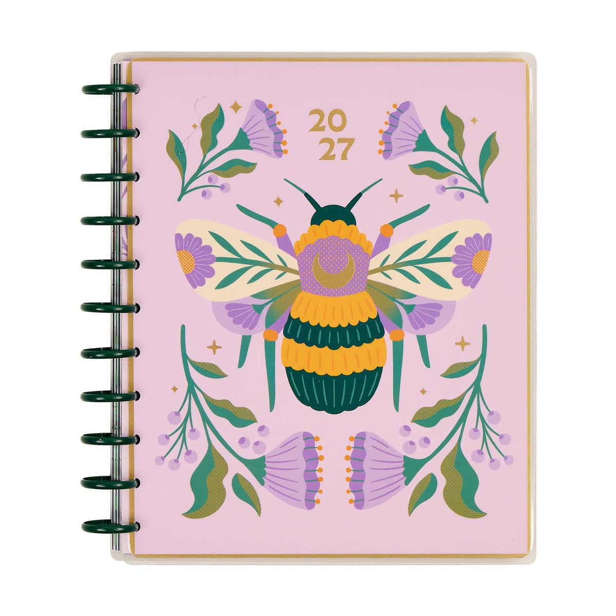 Hive and Bloom Big planner with pink floral and bee cover and green discs