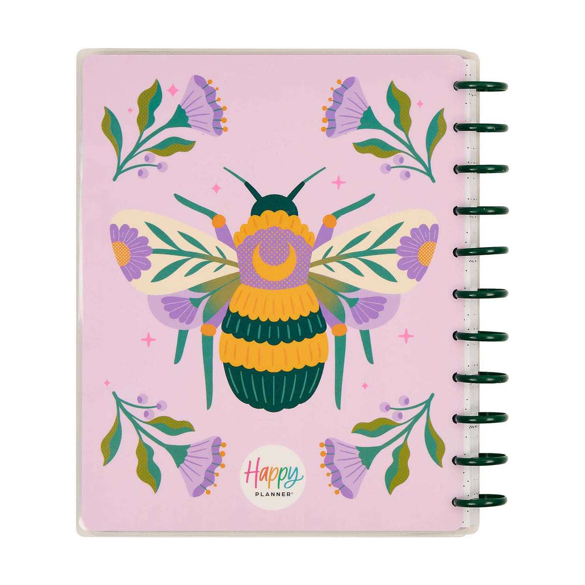 Happy Planner Hive and Bloom pink cover with bee and floral artwork and green discs