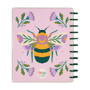 Happy Planner Hive and Bloom pink cover with bee and floral artwork and green discs