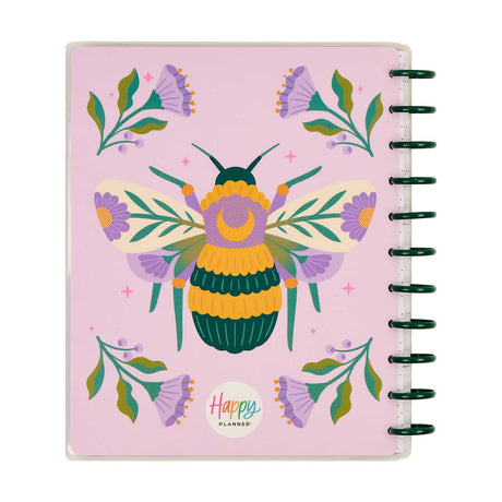 Happy Planner Hive and Bloom pink cover with bee and floral artwork and green discs