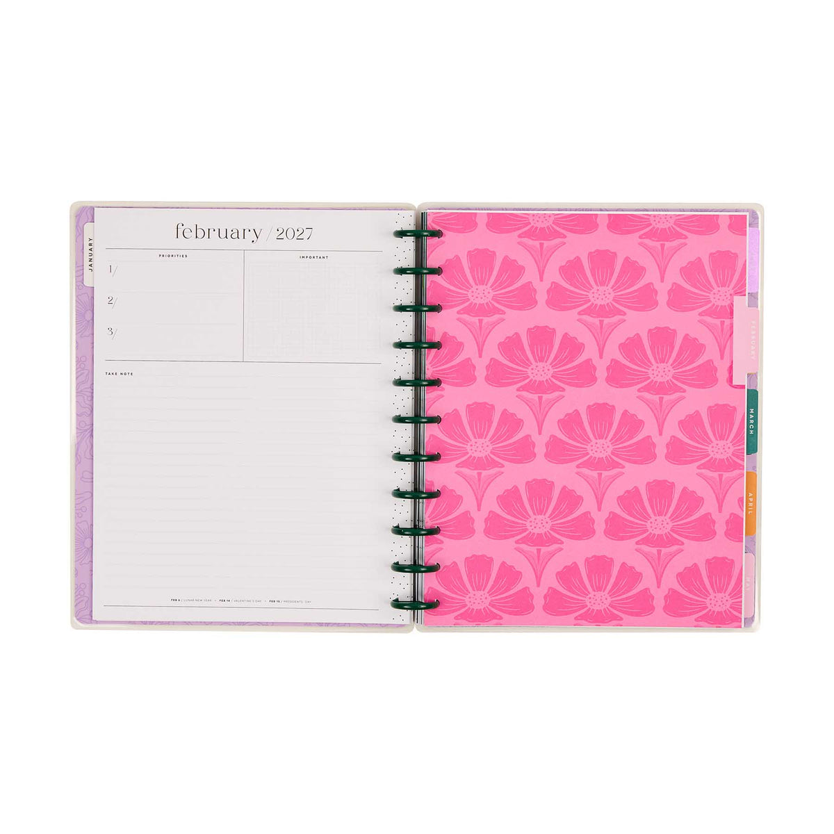 Hive and Bloom Big planner February 2027 monthly spread with pink floral divider