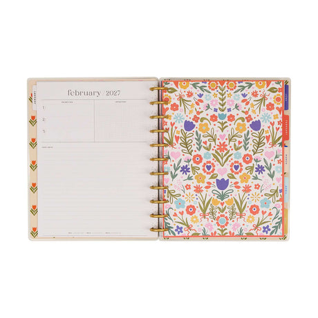 Little Garden Big planner open to February 2027 with floral divider and disc binding
