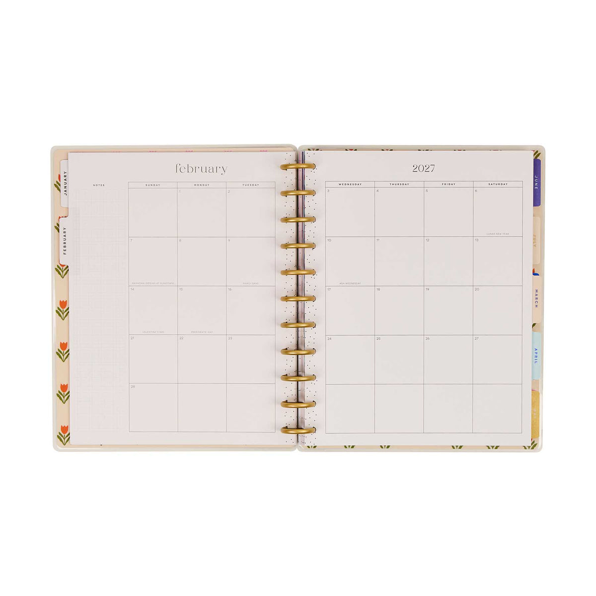 Happy Planner Little Garden February and 2027 calendar pages with colourful dividers
