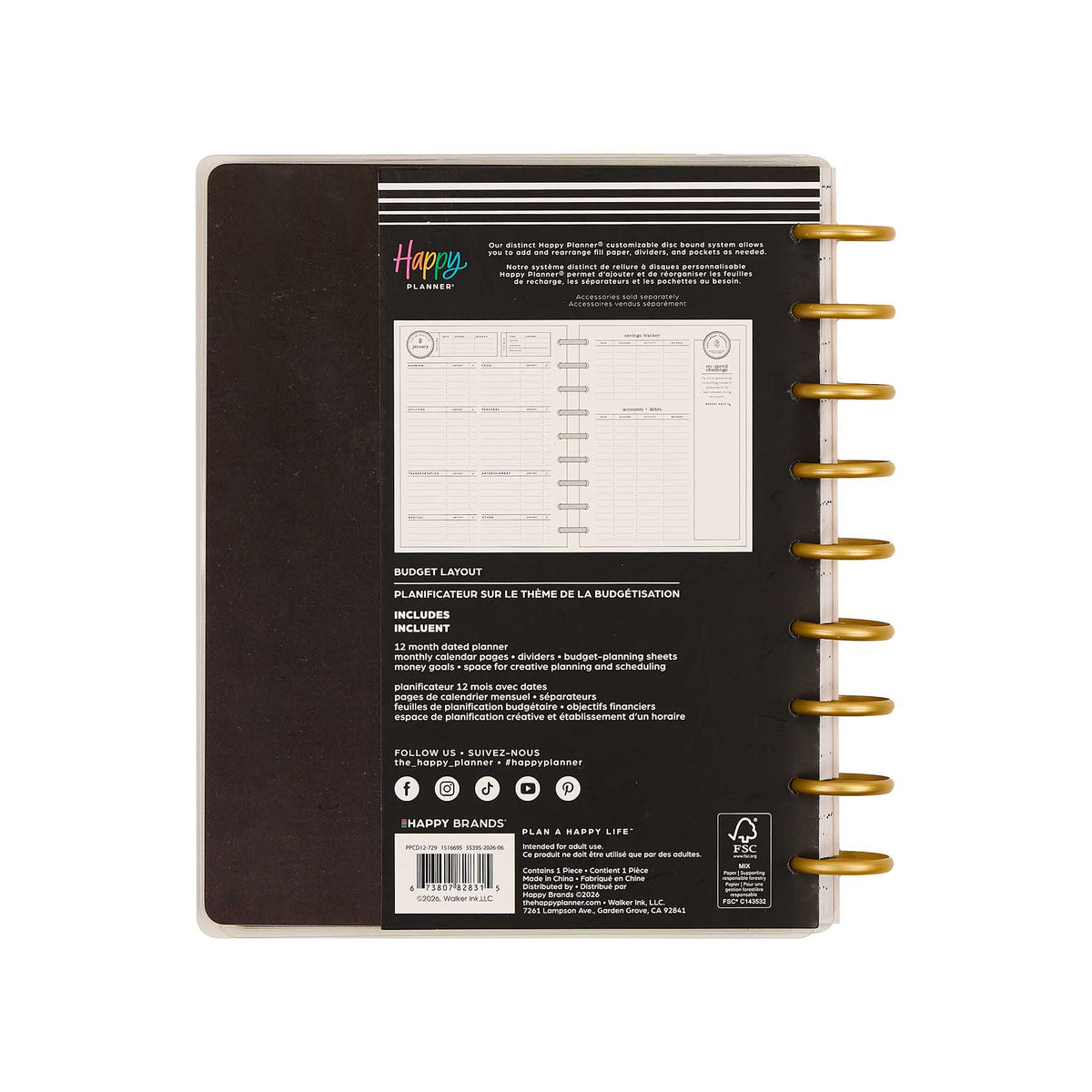 Amber & Oak Classic Budget Planner black cover, gold discs and packaging details