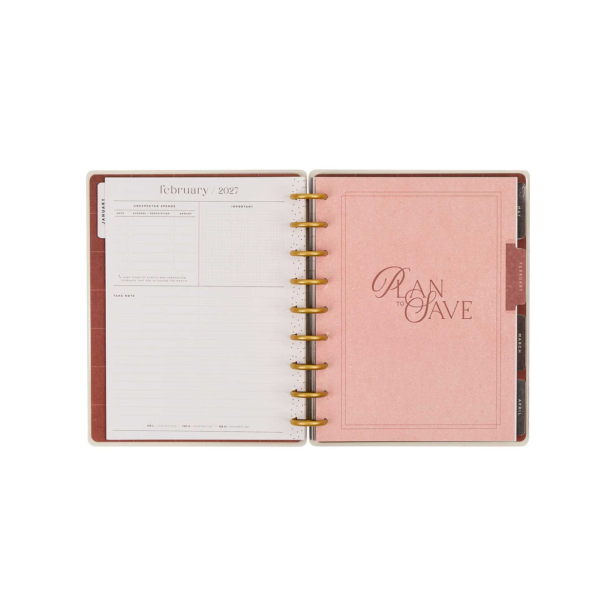 Amber & Oak Budget Planner February 2027 page with pink Plan to Save divider