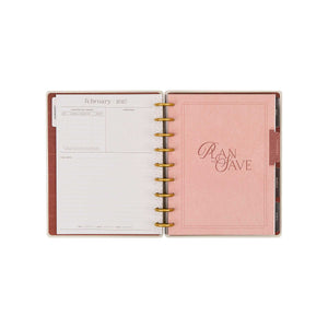Amber & Oak Budget Planner February 2027 page with pink Plan to Save divider
