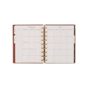 Amber & Oak Budget Planner February monthly calendar spread with gold discs