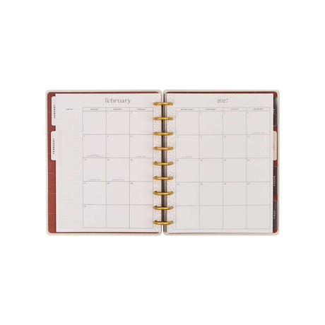 Amber & Oak Budget Planner February monthly calendar spread with gold discs
