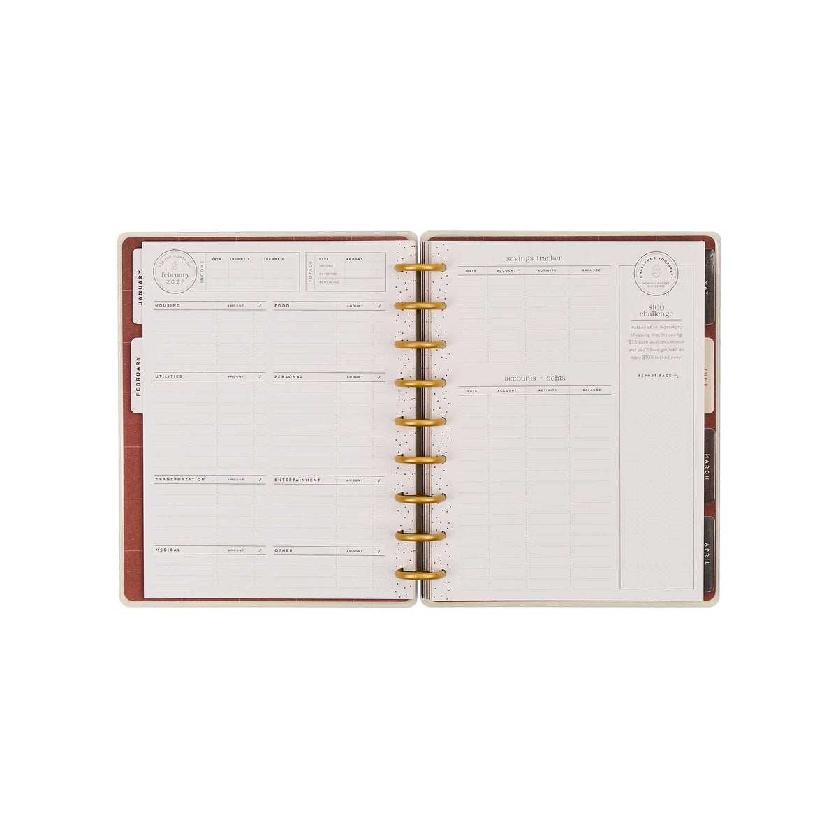 Amber & Oak monthly budget pages with gold discs and structured planning sections