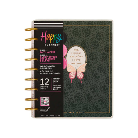 Happy Planner Wildflower Daydream Faith Classic Planner with floral cover, gold discs and butterfly artwork