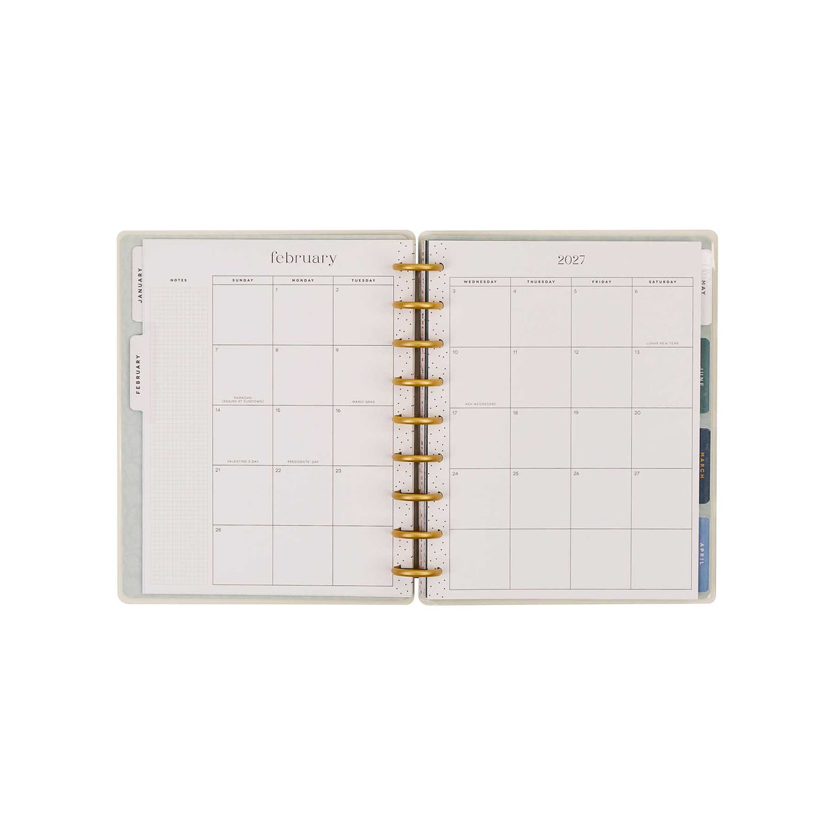 Wildflower Daydream Faith Planner February 2027 calendar spread with gold discs and monthly tabs