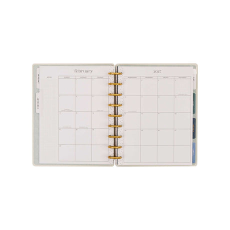 Wildflower Daydream Faith Planner February 2027 calendar spread with gold discs and monthly tabs