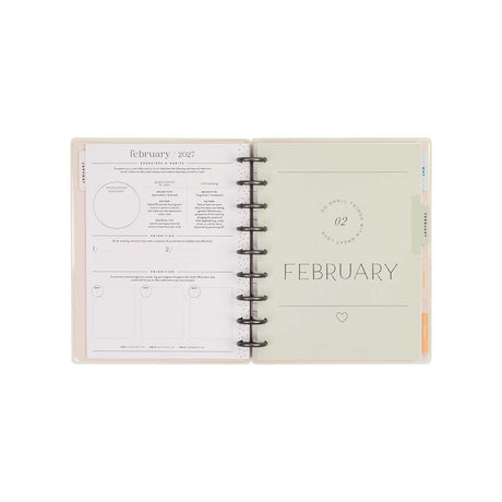 Hushed Hues Classic Stress Management Planner open to February 2027 pages