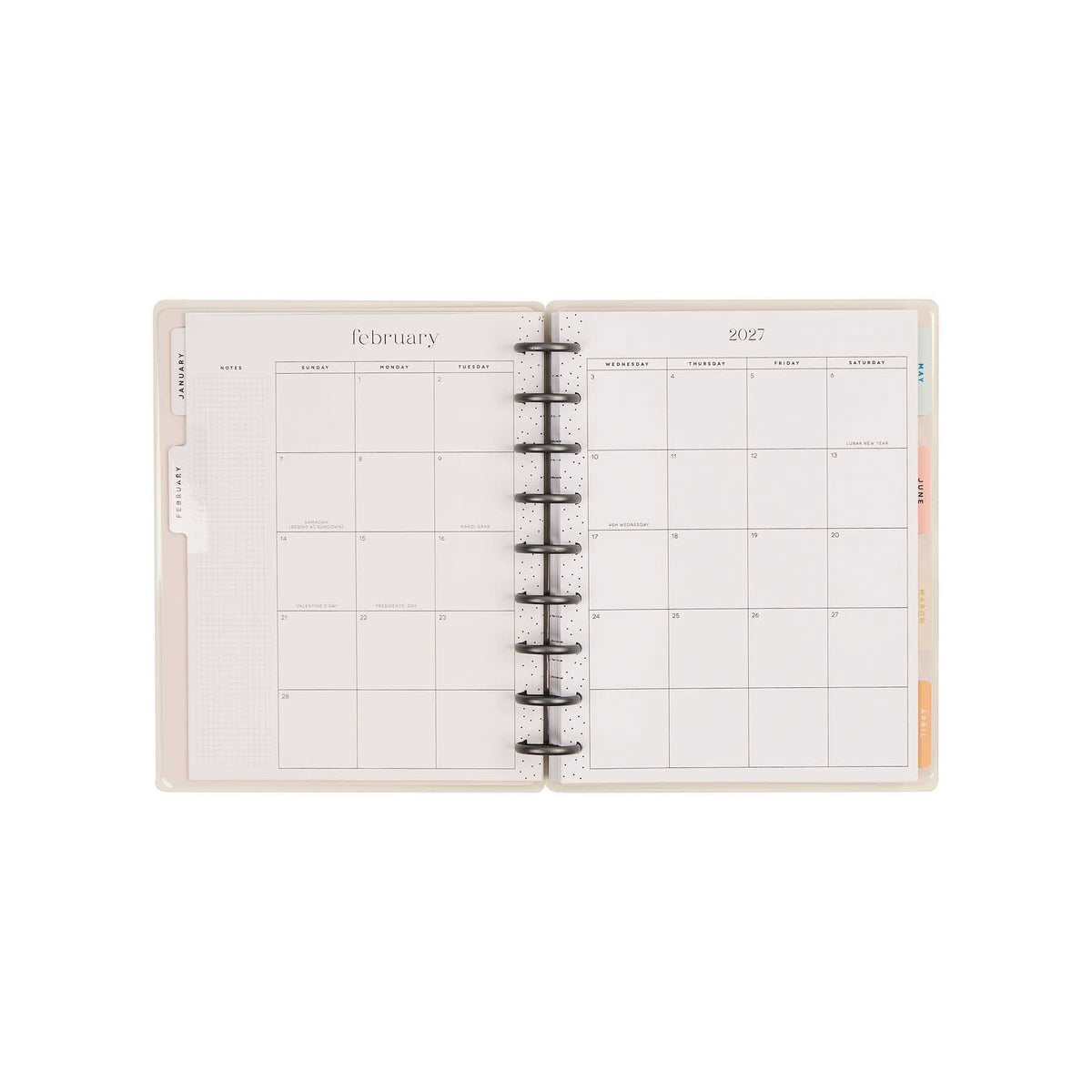 Hushed Hues planner February 2027 monthly calendar spread