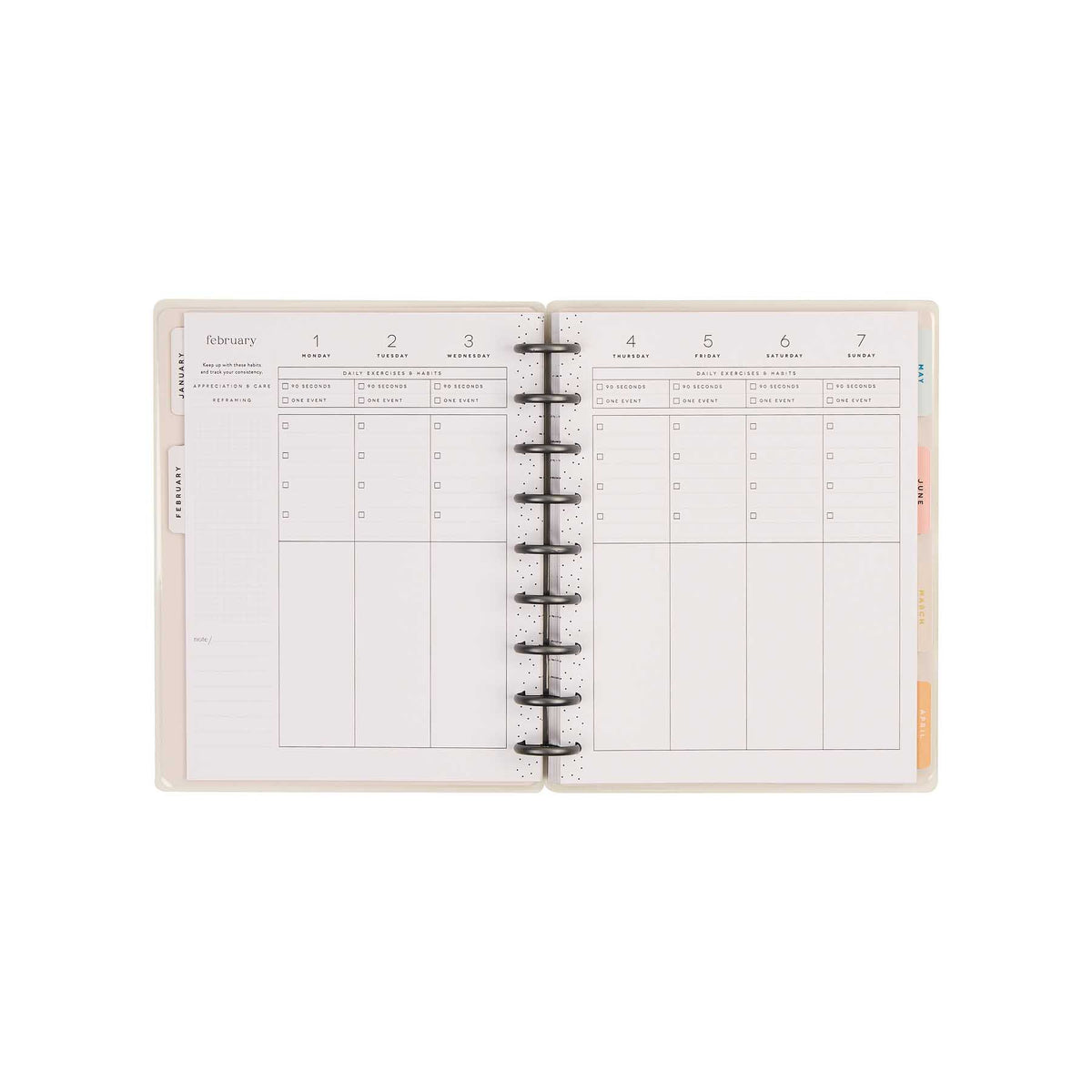 Hushed Hues open planner spread with spacious planning sections and disc binding