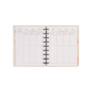 Hushed Hues open planner spread with spacious planning sections and disc binding