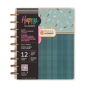Happy Planner Fall Picnic Classic Meal Planner with teal plaid cover and gold discs