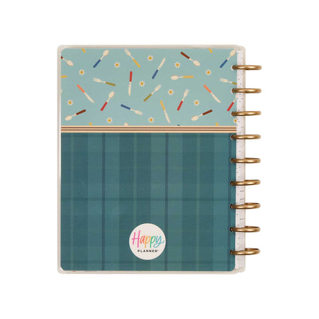 Teal plaid Fall Picnic planner cover with colourful accents and Happy Planner logo