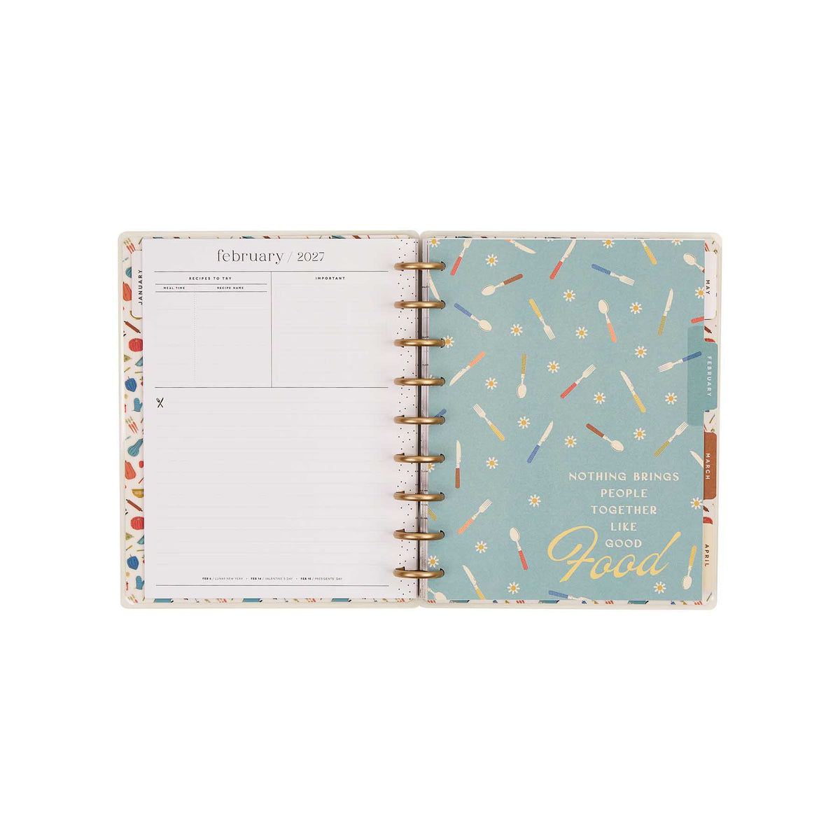 February 2027 monthly page and floral divider in the Fall Picnic meal planner