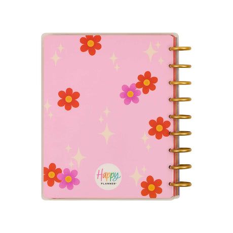 Happy Planner Bright Seasons Classic Dashboard Planner 2027: Pink floral cover detail and gold discs