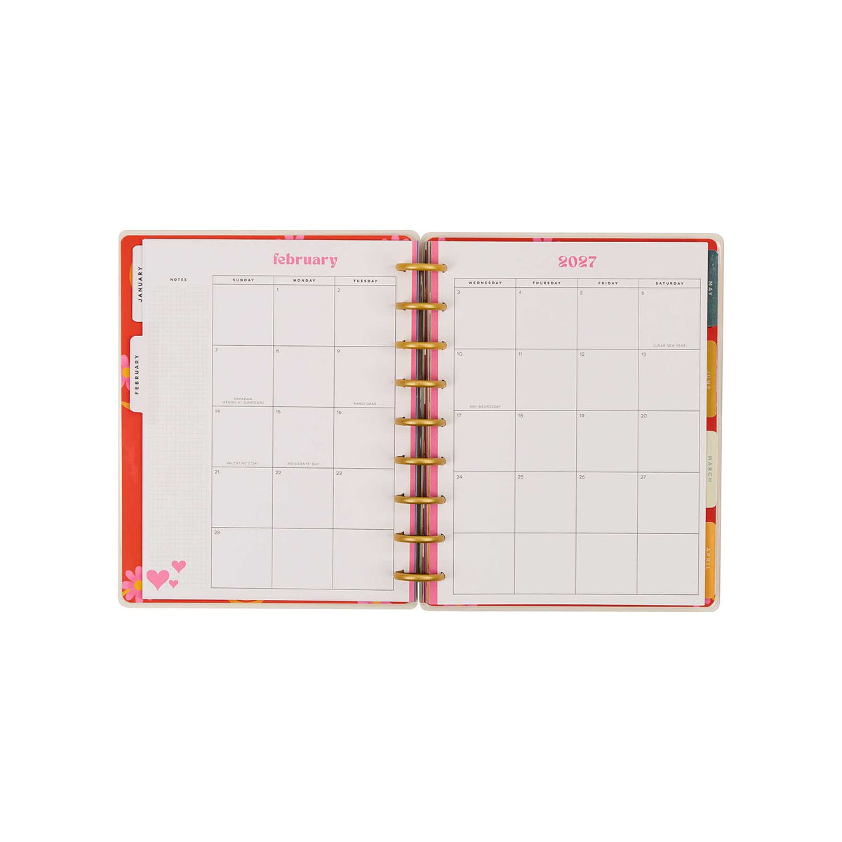 Happy Planner Bright Seasons Classic Dashboard Planner 2027: February monthly calendar pages and disc binding