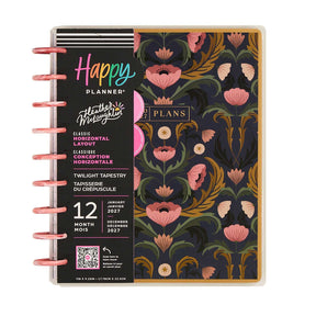Happy Planner Twilight Tapestry Classic Horizontal Planner 2027: Floral cover, pink discs and labelled monthly pages