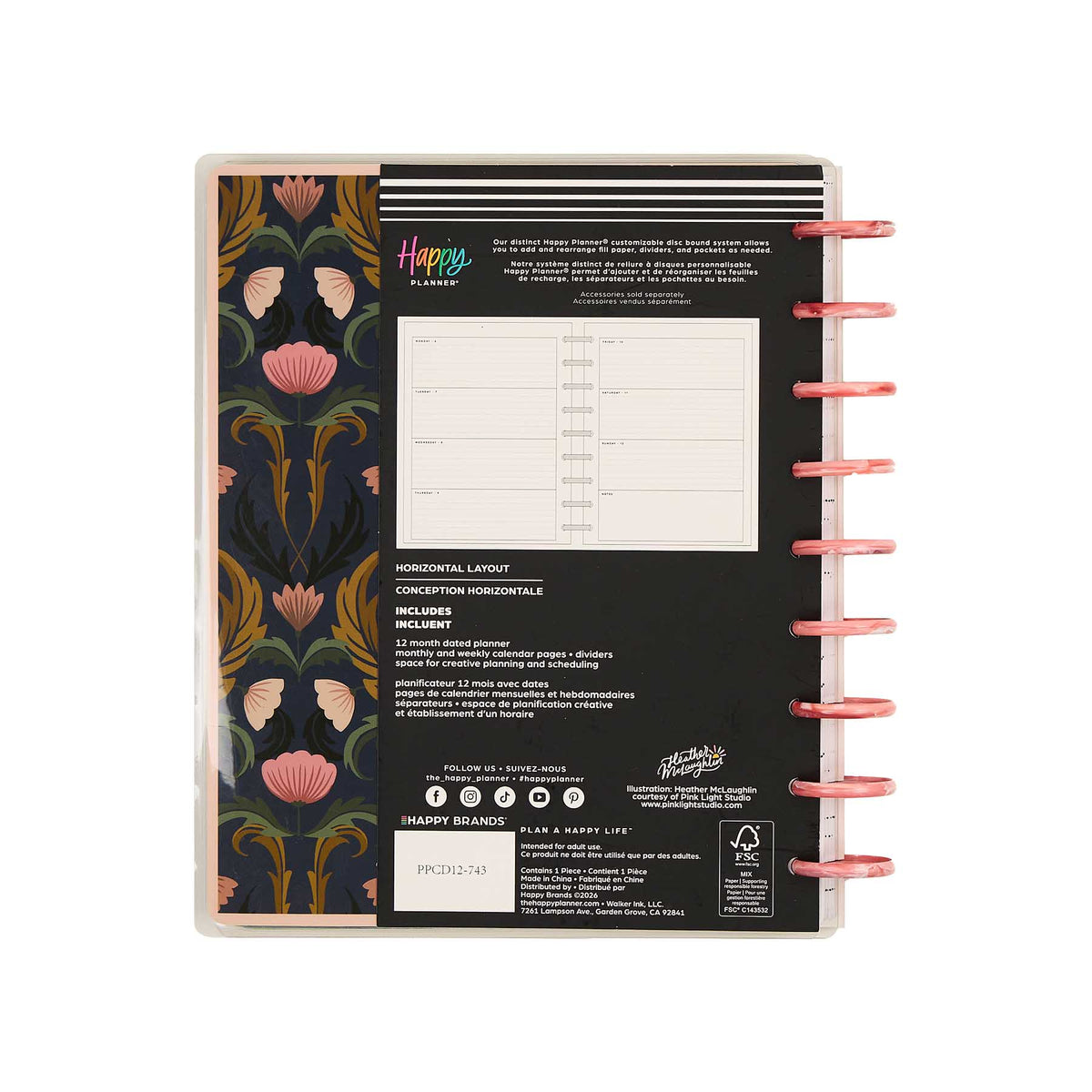 Happy Planner Twilight Tapestry Classic Horizontal Planner 2027: Floral cover, pink discs and sample weekly pages