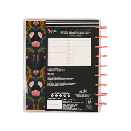 Happy Planner Twilight Tapestry Classic Horizontal Planner 2027: Floral cover, pink discs and sample weekly pages