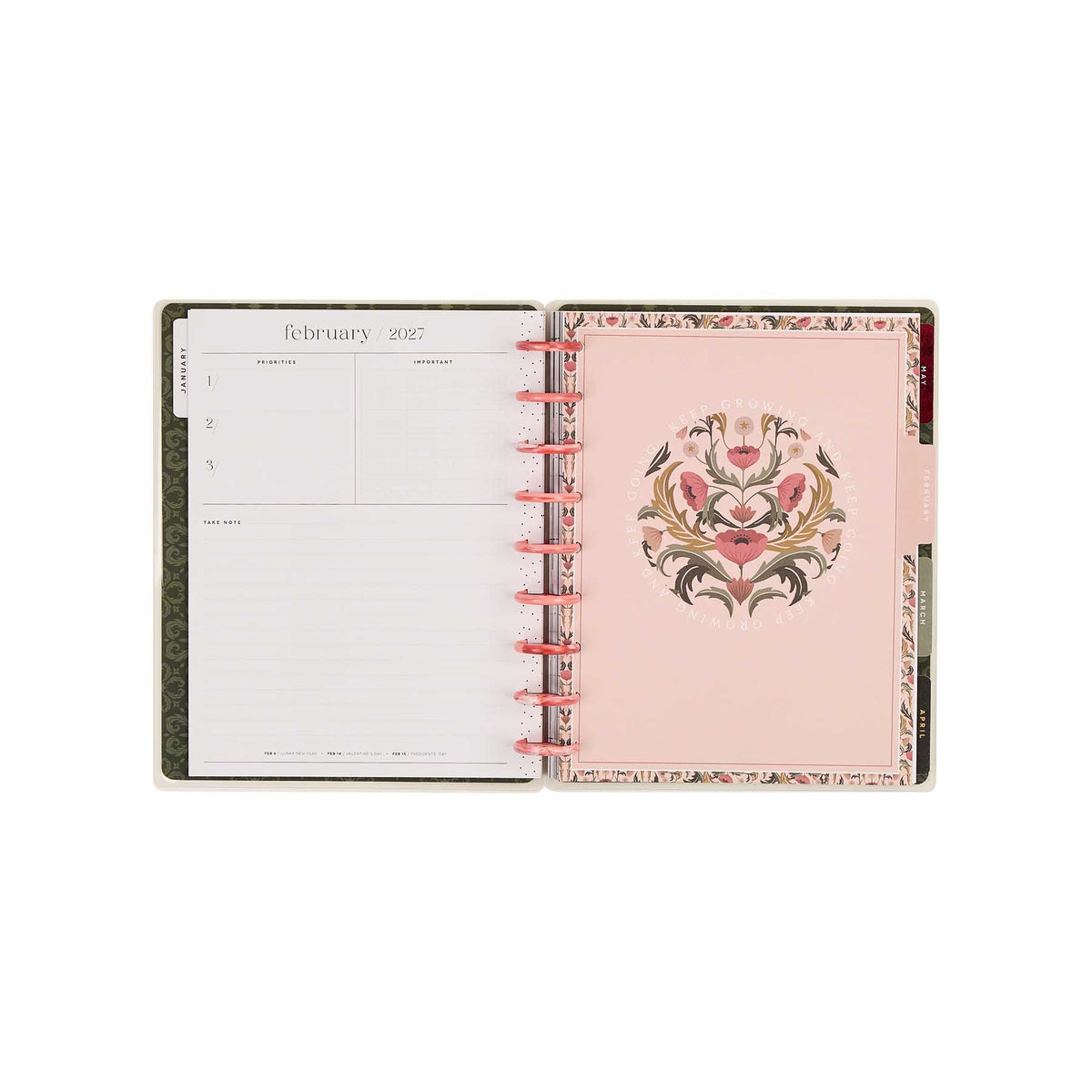 Happy Planner Twilight Tapestry Classic Horizontal Planner 2027: February 2027 monthly spread with floral artwork
