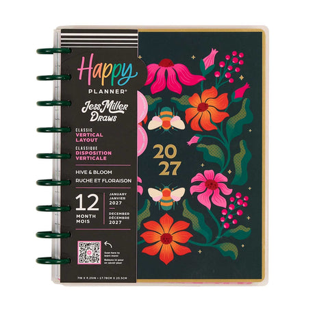 Happy Planner Hive & Bloom Classic Vertical Planner 2027: Colourful floral cover and discs