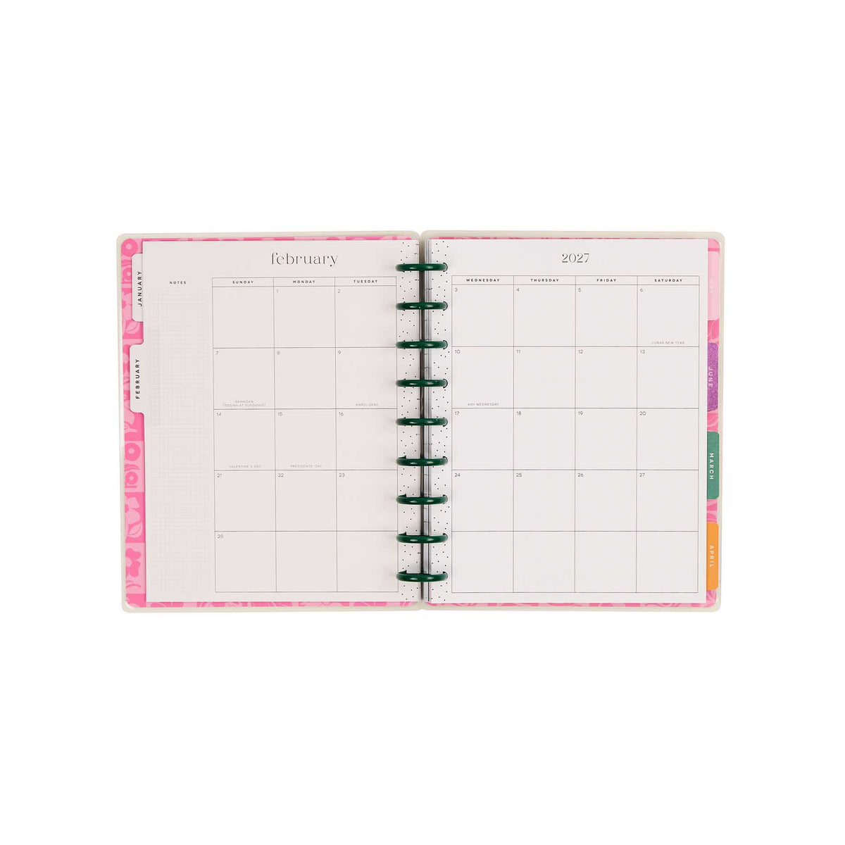 Happy Planner Hive & Bloom Classic Vertical Planner 2027: February monthly calendar with colour tabs