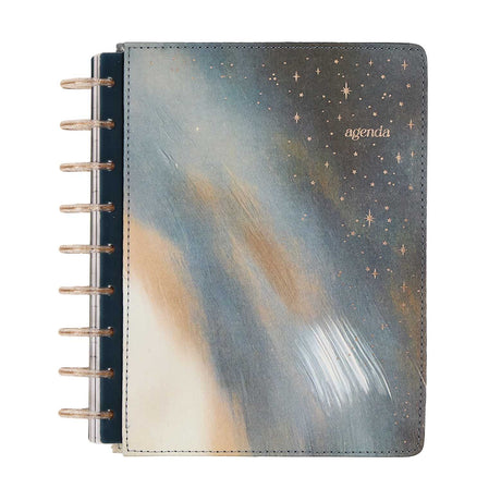 Starlit Glow planner blue starry fabric cover with metallic discs