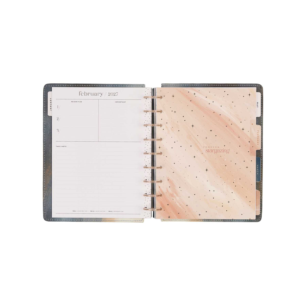 Starlit Glow planner February 2027 spread with starry divider